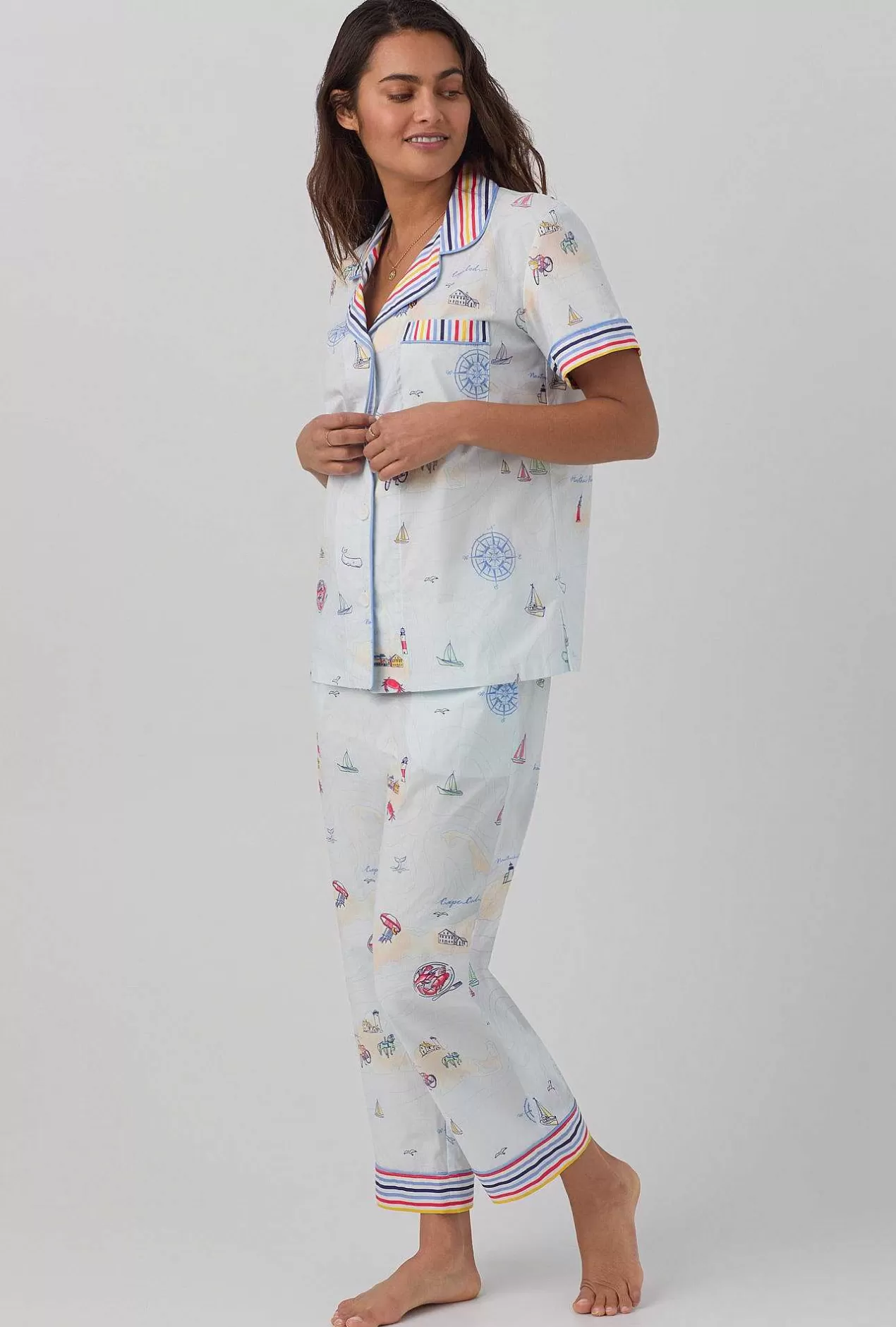 Stripe Shop*Bedhead Pajamas Eastern Seaboard Short Sleeve Classic Woven Cotton Poplin Cropped Pj Set