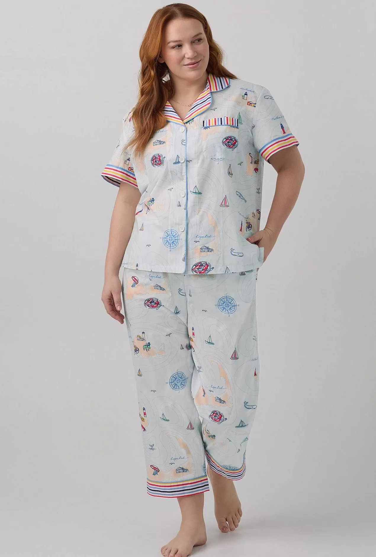 Extended Sizes*Bedhead Pajamas Eastern Seaboard Short Sleeve Classic Woven Cotton Poplin Cropped Pj Set