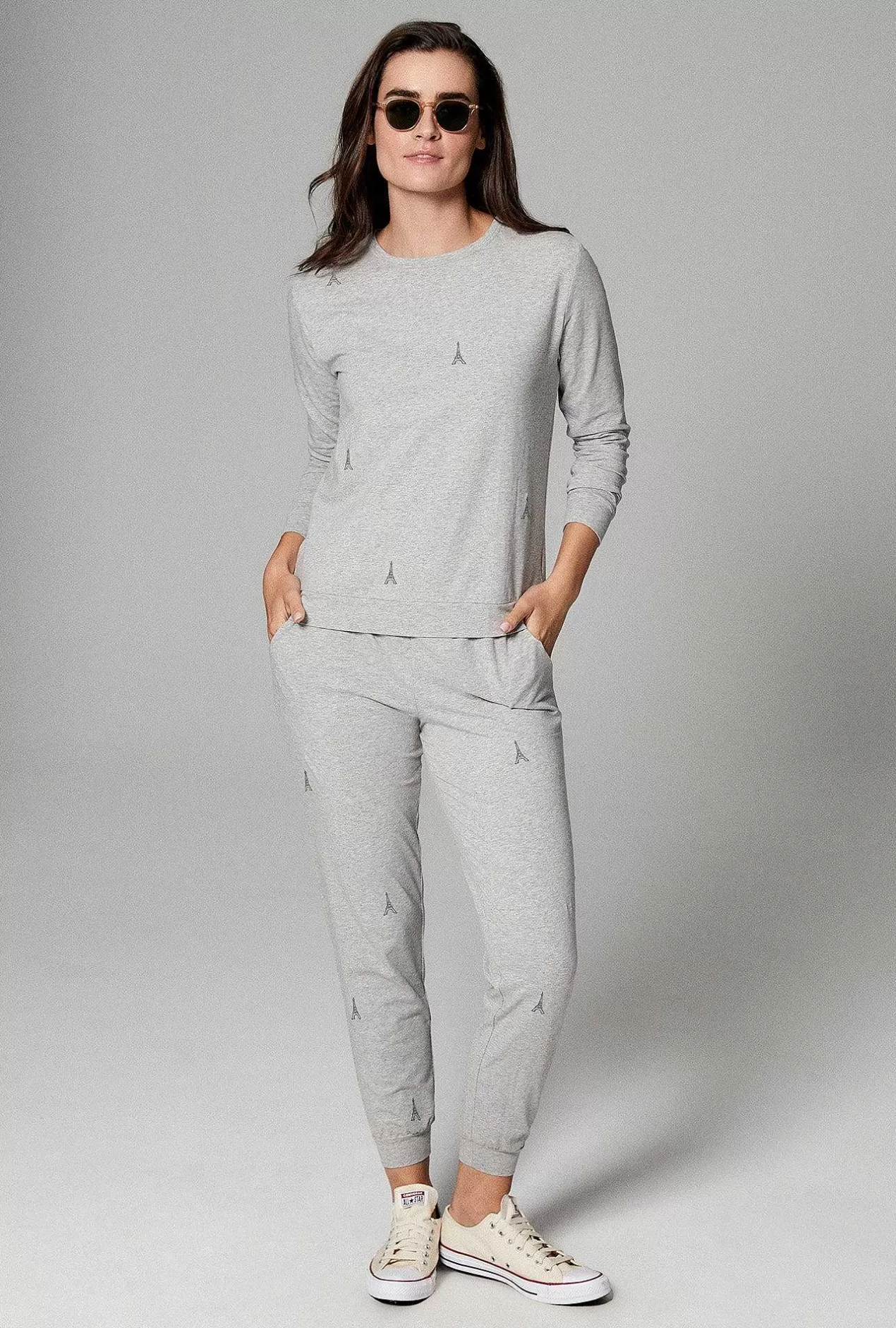 Long Sleep Sets*Bedhead Pajamas Eiffel Tower Embroidered Heather Grey Long Sleeve Pullover Crew And Jogger Stretch Jersey Pj Set