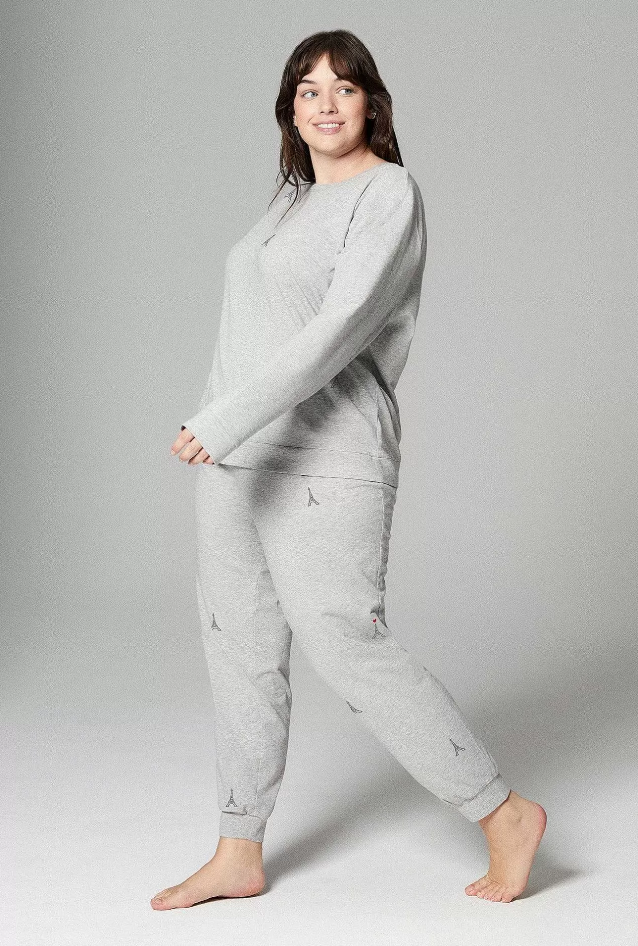 Lounge*Bedhead Pajamas Eiffel Tower Embroidered Heather Grey Long Sleeve Pullover Crew And Jogger Stretch Jersey Pj Set