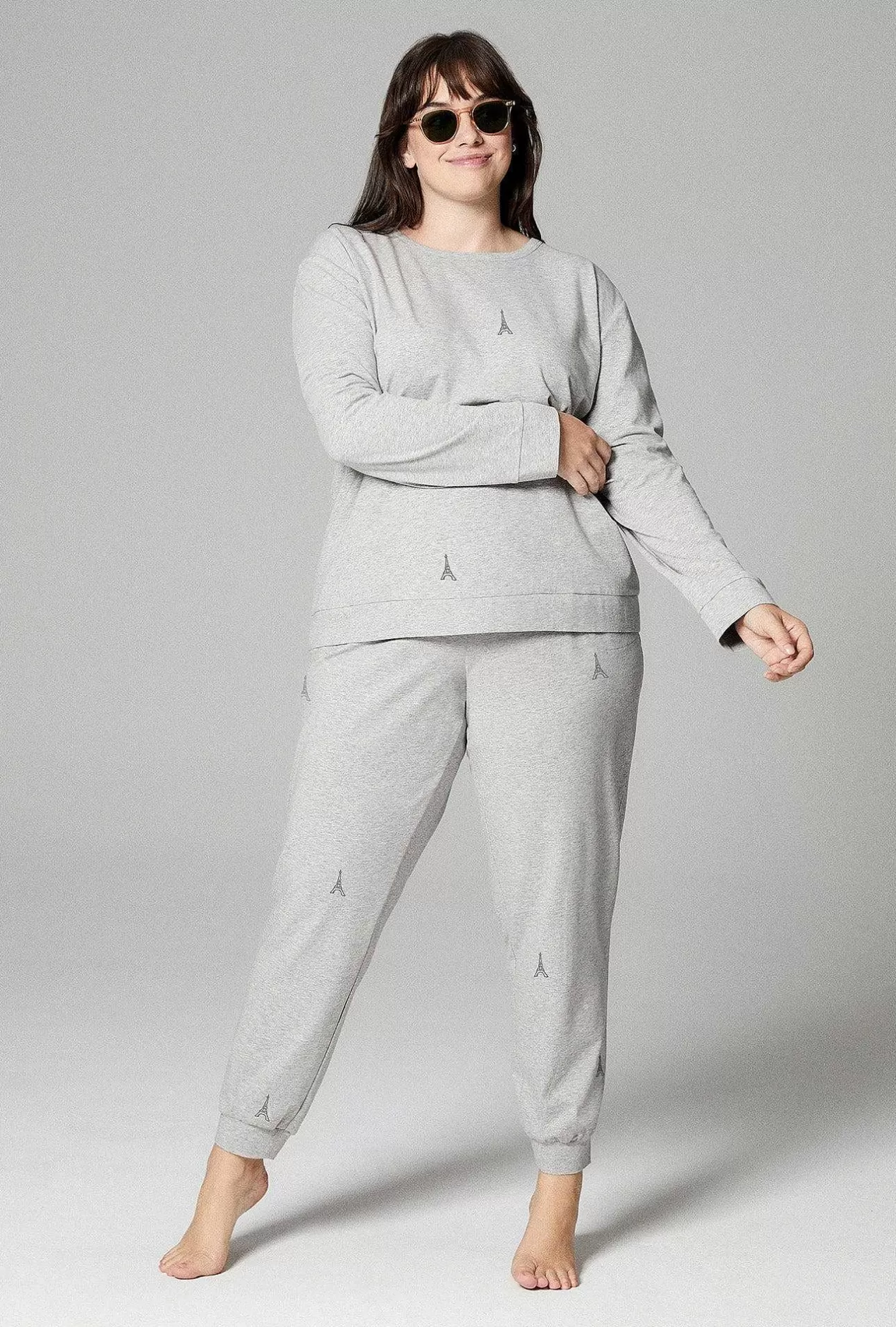 Lounge*Bedhead Pajamas Eiffel Tower Embroidered Heather Grey Long Sleeve Pullover Crew And Jogger Stretch Jersey Pj Set