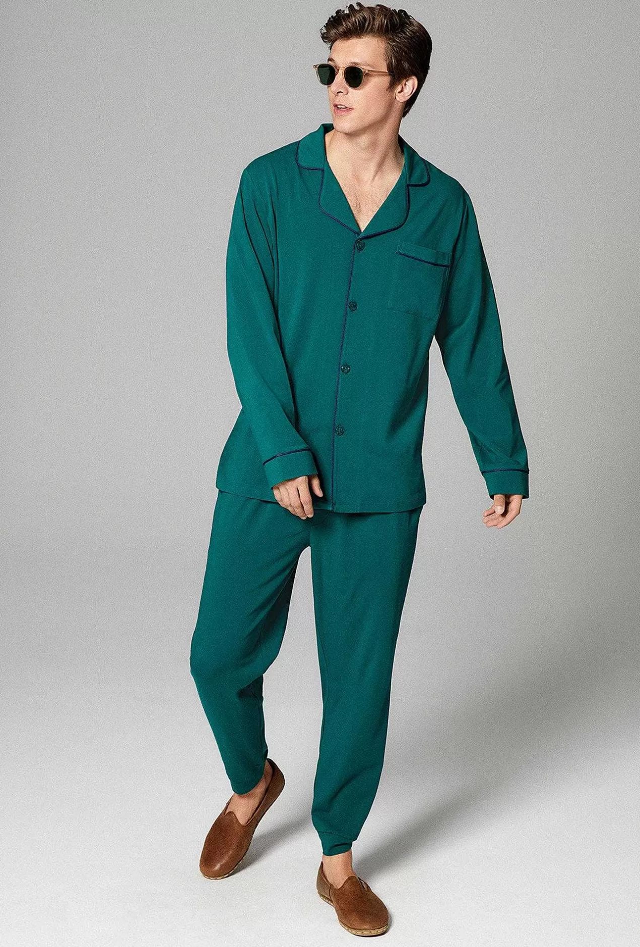 Lounge*Bedhead Pajamas Emerald Green Men'S Long Sleeve And Jogger Stretch Jersey Pj Set