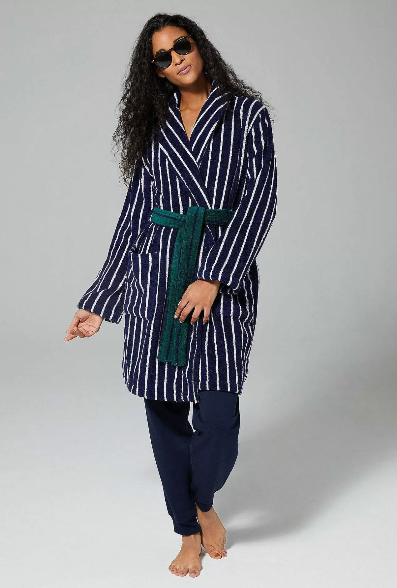 Robes*Bedhead Pajamas Field Stripe Unisex Short Woven Cotton Loop Turkish Terry Jacquard Robe
