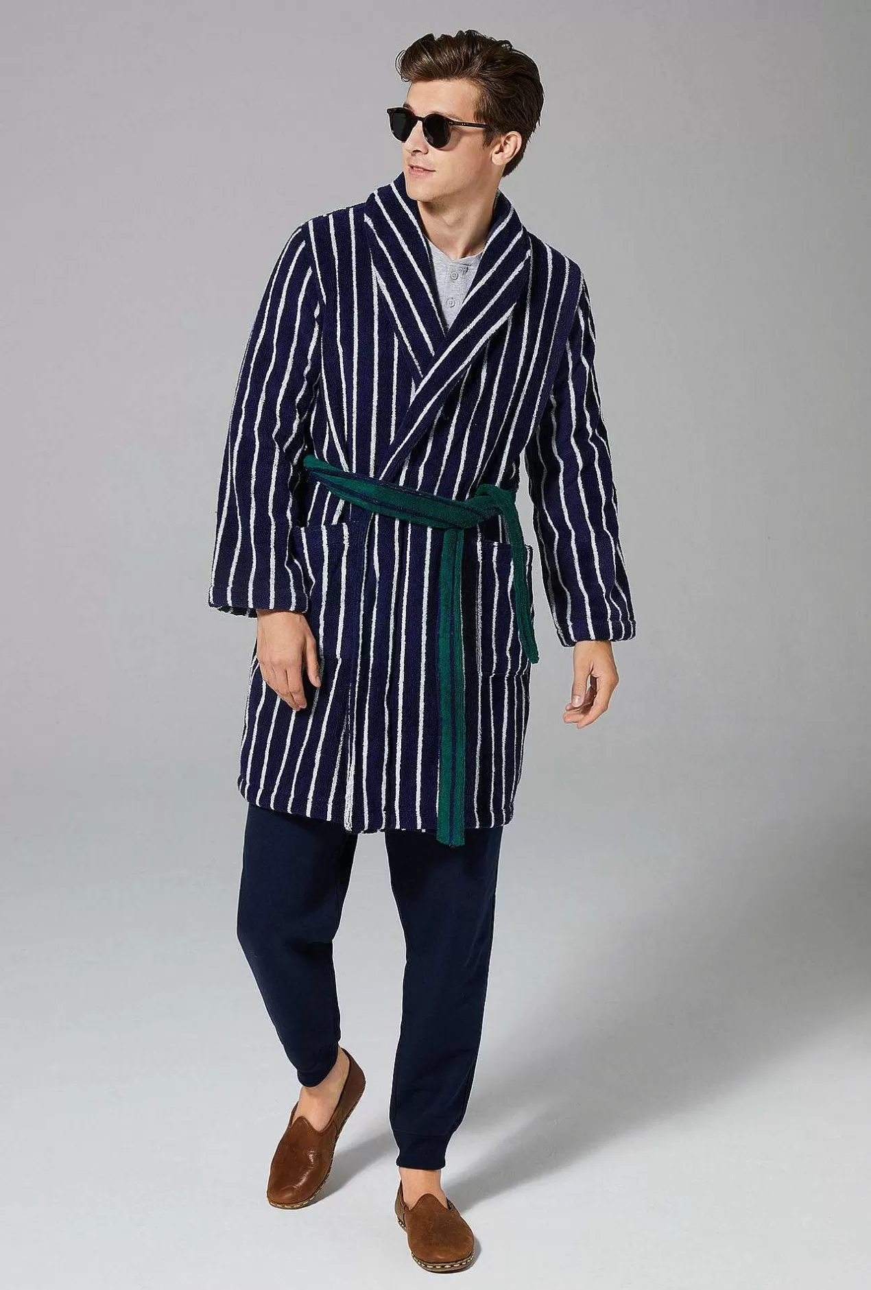 Robes*Bedhead Pajamas Field Stripe Unisex Short Woven Cotton Loop Turkish Terry Jacquard Robe