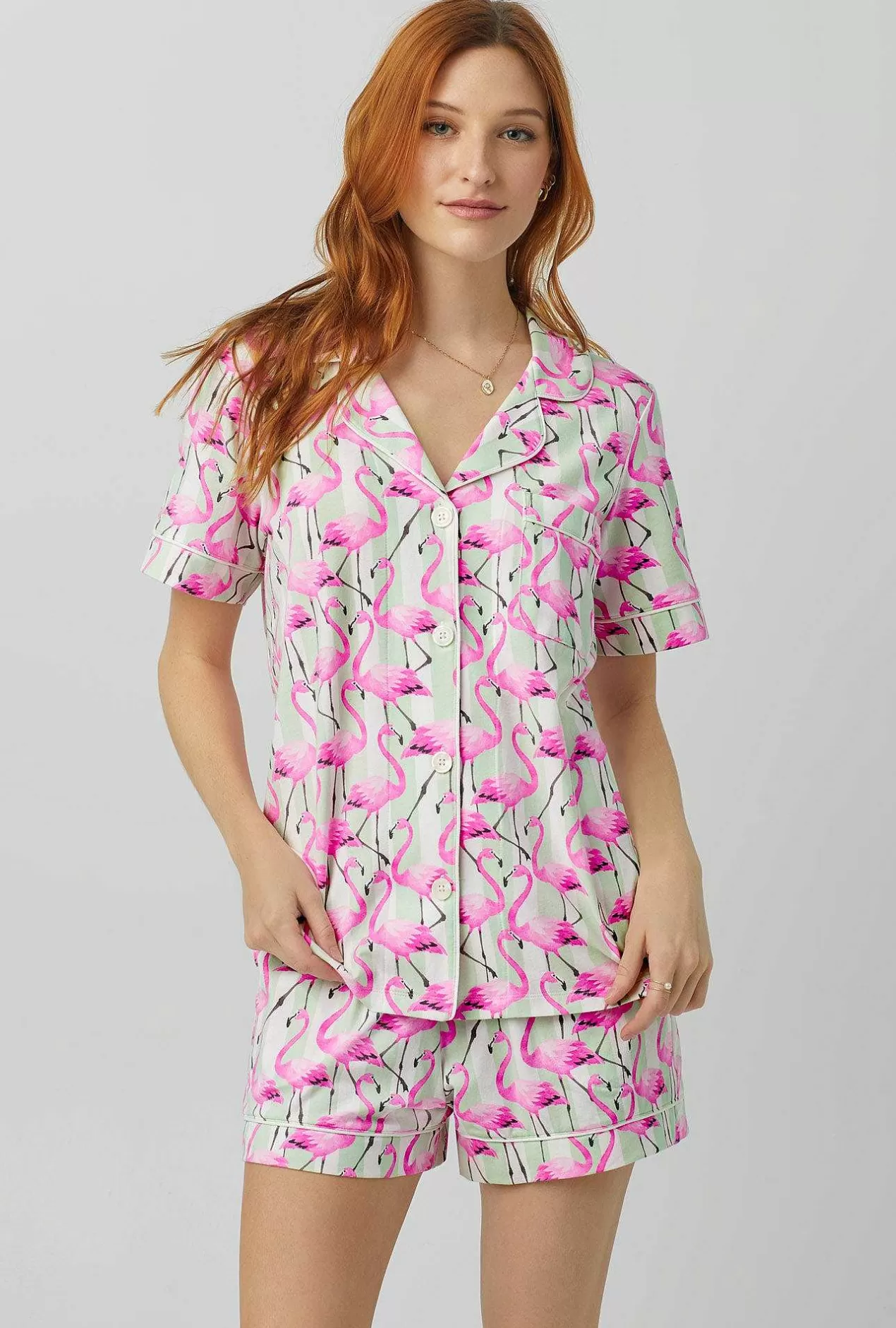 Extended Sizes*Bedhead Pajamas Flamingo Bay Short Sleeve Classic Shorty Stretch Jersey Pj Set