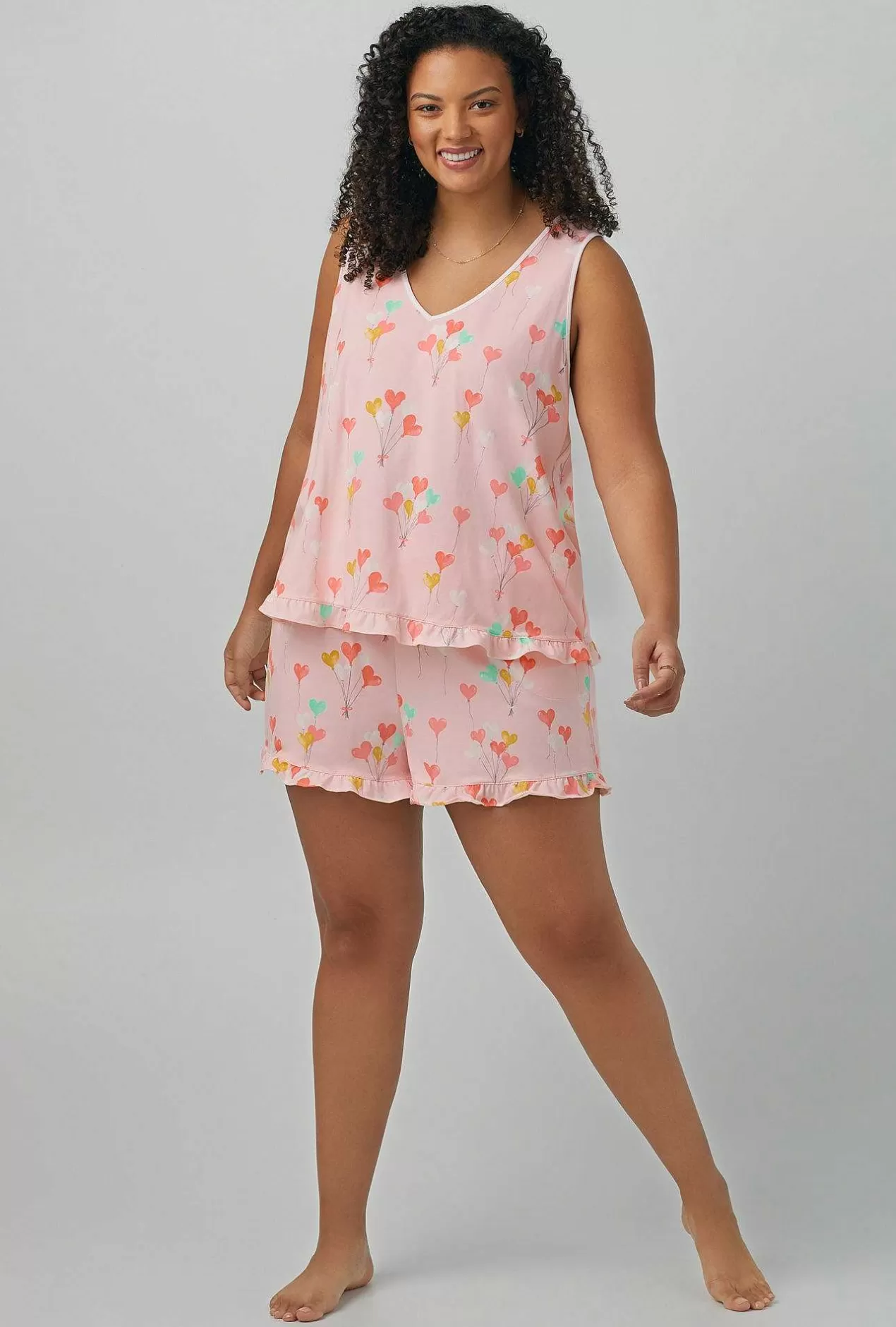Shorty Sets*Bedhead Pajamas Floating Hearts Ruffle Tank Shorty Stretch Jersey Pj Set