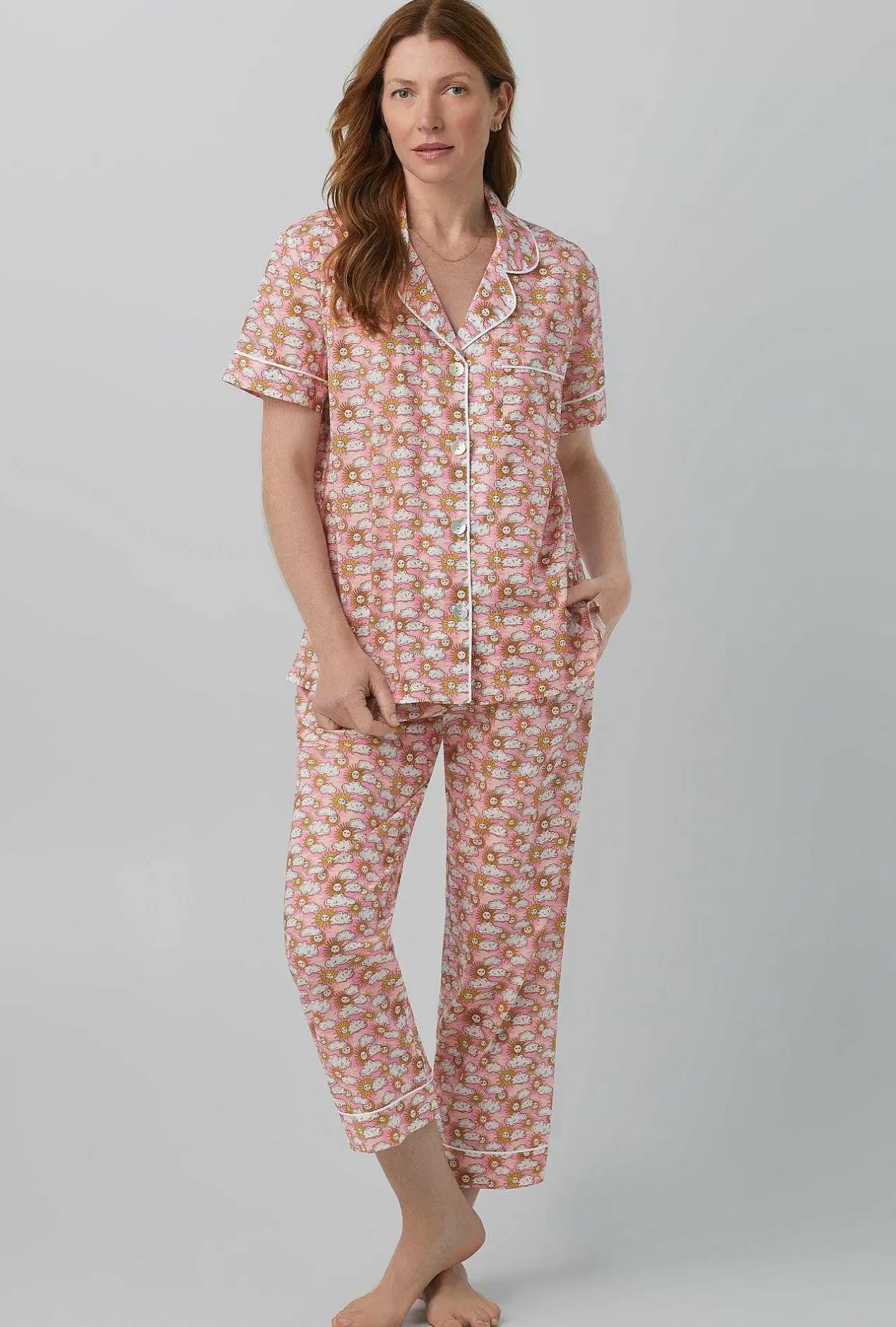 Extended Sizes*Bedhead Pajamas Follow The Sun Short Sleeve Classic Woven Cotton Tana Lawn® Cropped Pj Set Made With Liberty Fabrics