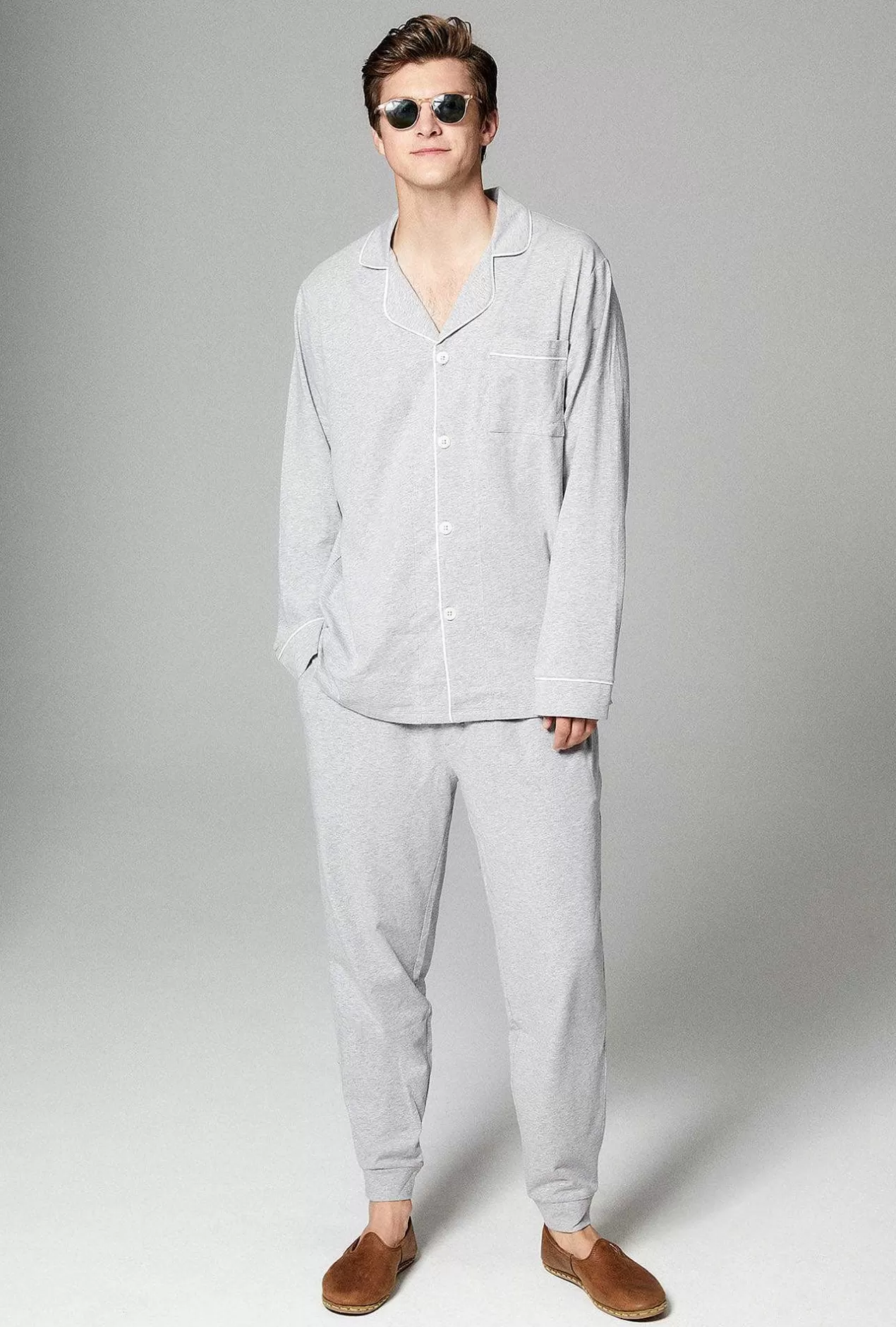 Lounge*Bedhead Pajamas Heather Grey Men'S Long Sleeve And Jogger Stretch Jersey Pj Set