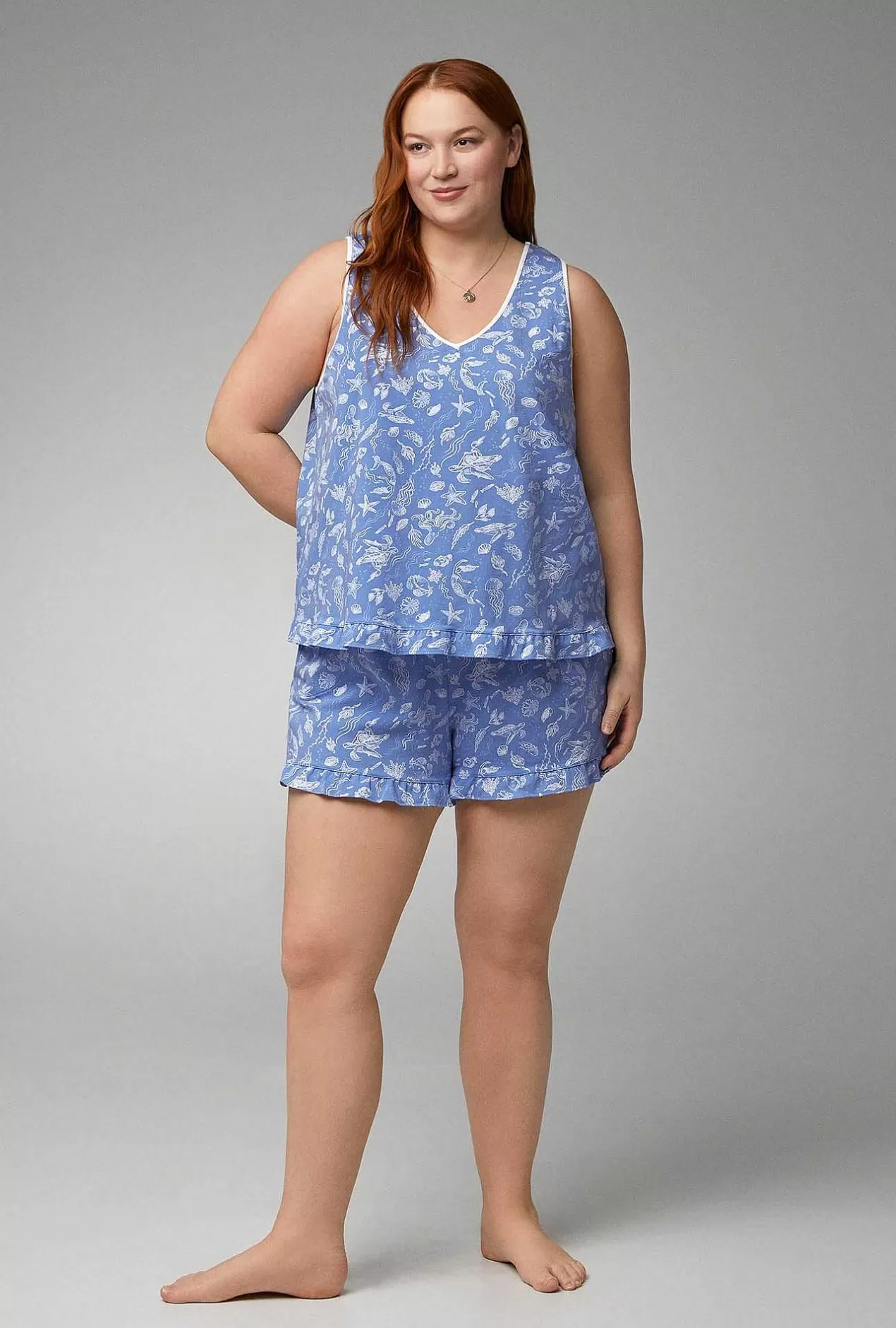 Shorty Sets*Bedhead Pajamas High Tide Ruffle Tank Shorty Stretch Jersey Pj Set