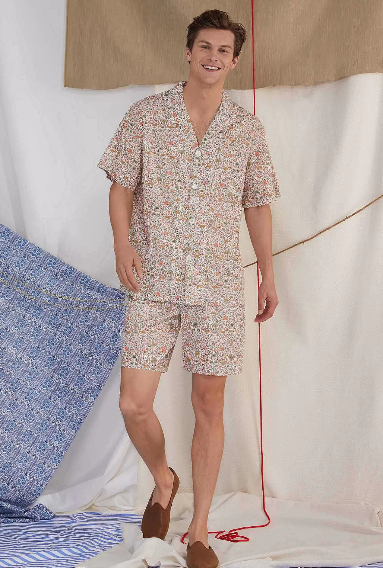 Made With Liberty Fabrics*Bedhead Pajamas Imran Men'S Short Sleeve Notch Woven Cotton Tana Lawn® Boxer Pj Set Made With Liberty Fabrics