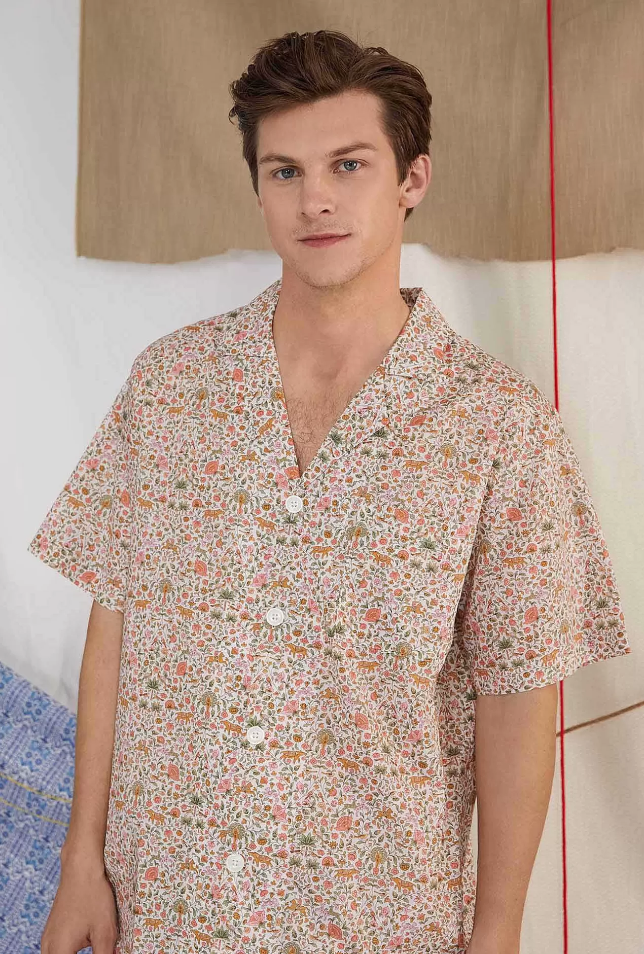 Made With Liberty Fabrics*Bedhead Pajamas Imran Men'S Short Sleeve Notch Woven Cotton Tana Lawn® Boxer Pj Set Made With Liberty Fabrics