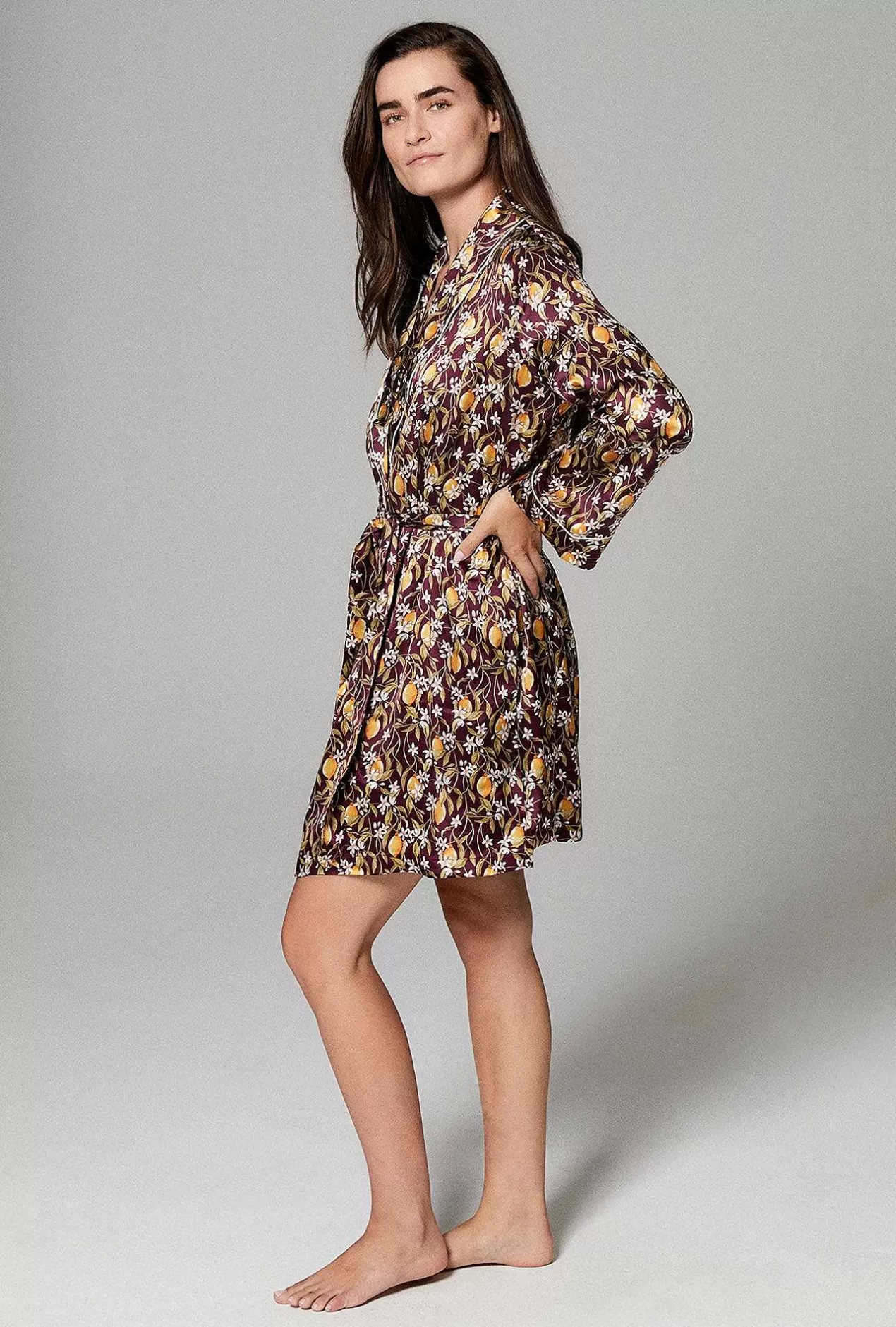 Robes*Bedhead Pajamas Lemon Blossom Shawl Collar Silk Satin Robe Made With Liberty Fabric