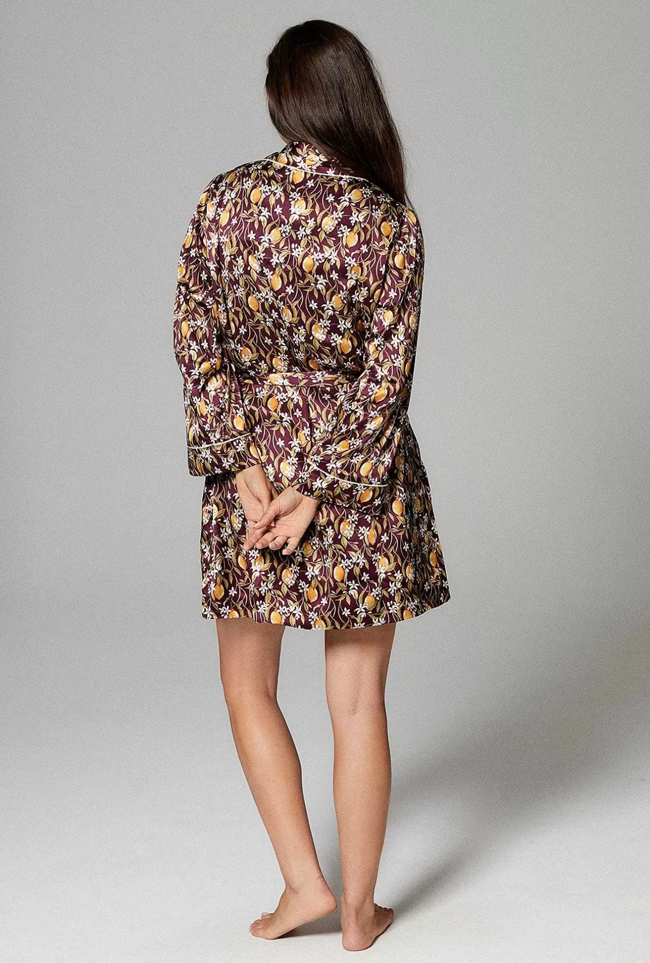 Robes*Bedhead Pajamas Lemon Blossom Shawl Collar Silk Satin Robe Made With Liberty Fabric