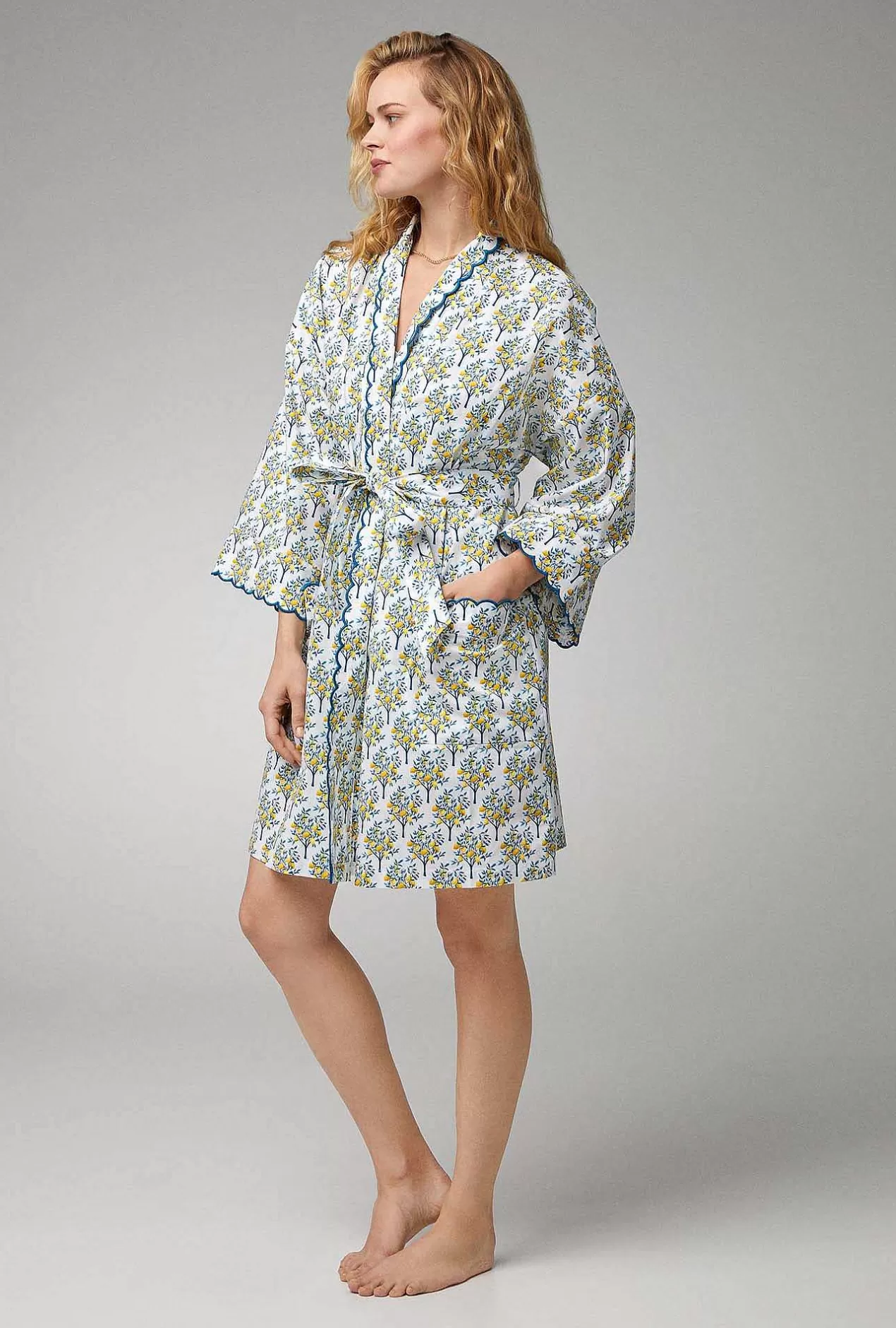 Robes*Bedhead Pajamas Lemon Trees Woven Cotton Poplin Scallop Robe