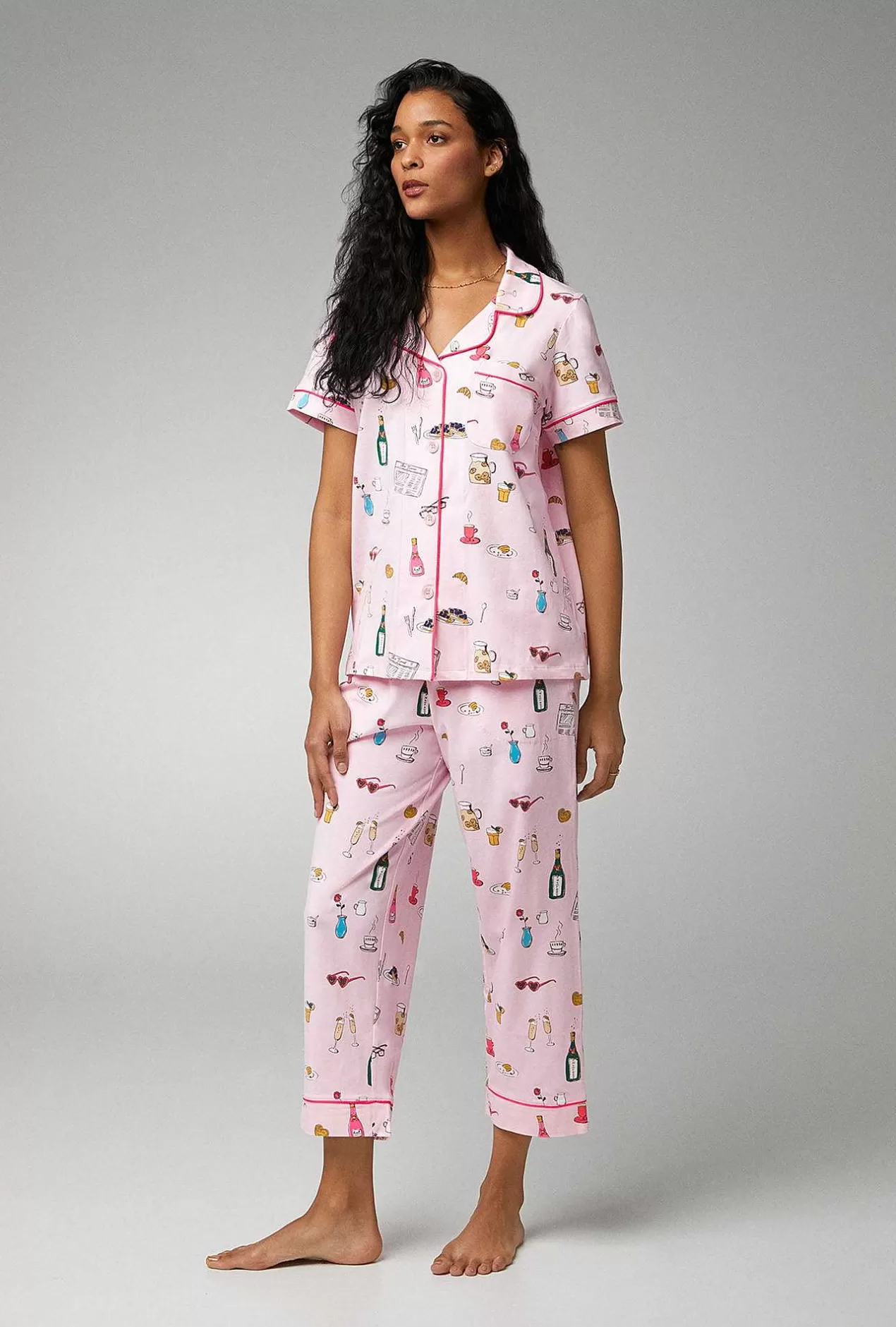 Extended Sizes*Bedhead Pajamas Let'S Do Brunch Short Sleeve Classic Stretch Jersey Cropped Pj Set