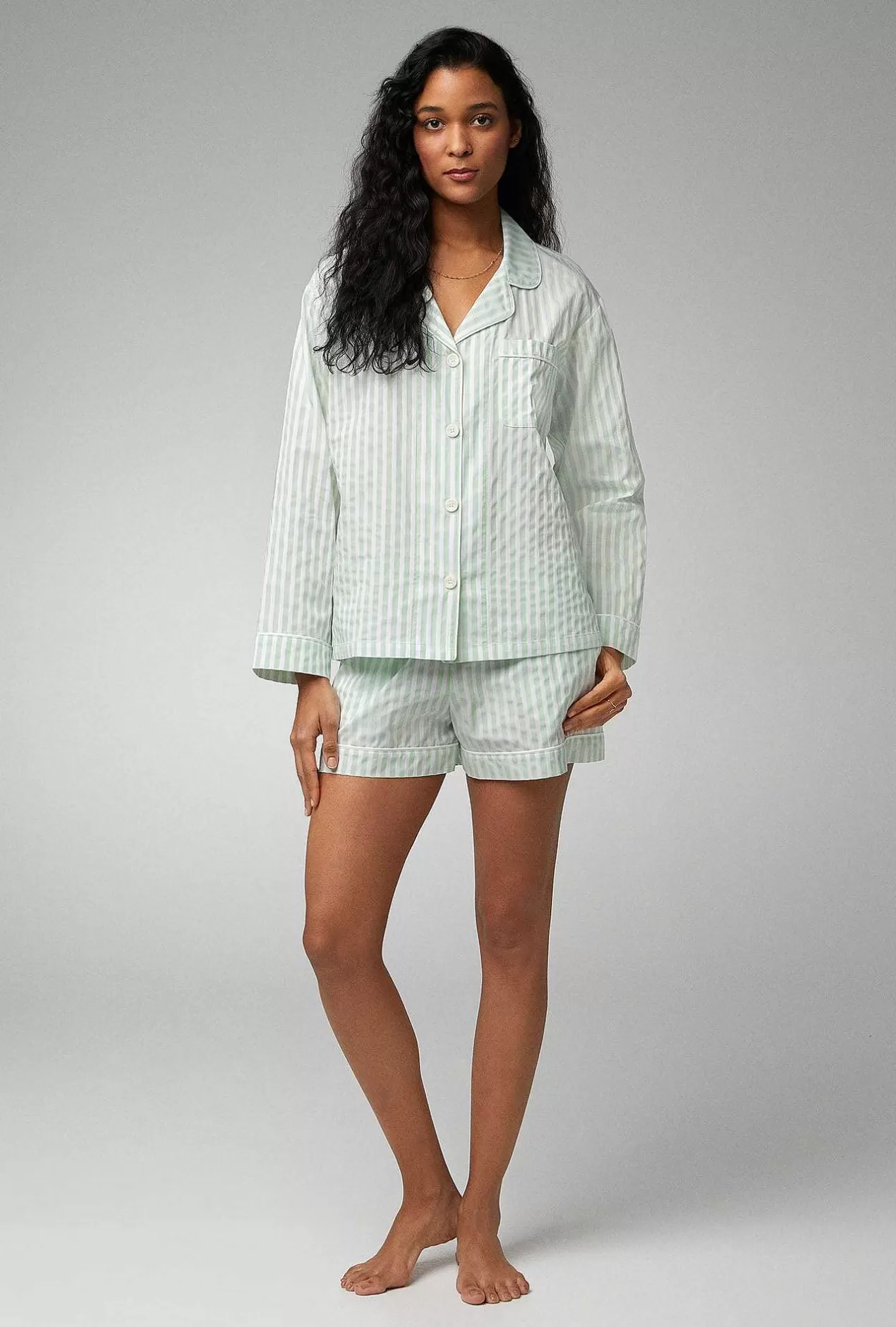 Extended Sizes*Bedhead Pajamas Mint 3D Stripe Long Sleeve Classic Woven Cotton Sateen Shorty Pj Set