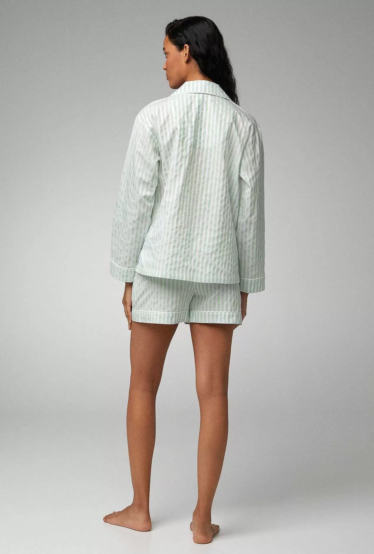 Extended Sizes*Bedhead Pajamas Mint 3D Stripe Long Sleeve Classic Woven Cotton Sateen Shorty Pj Set