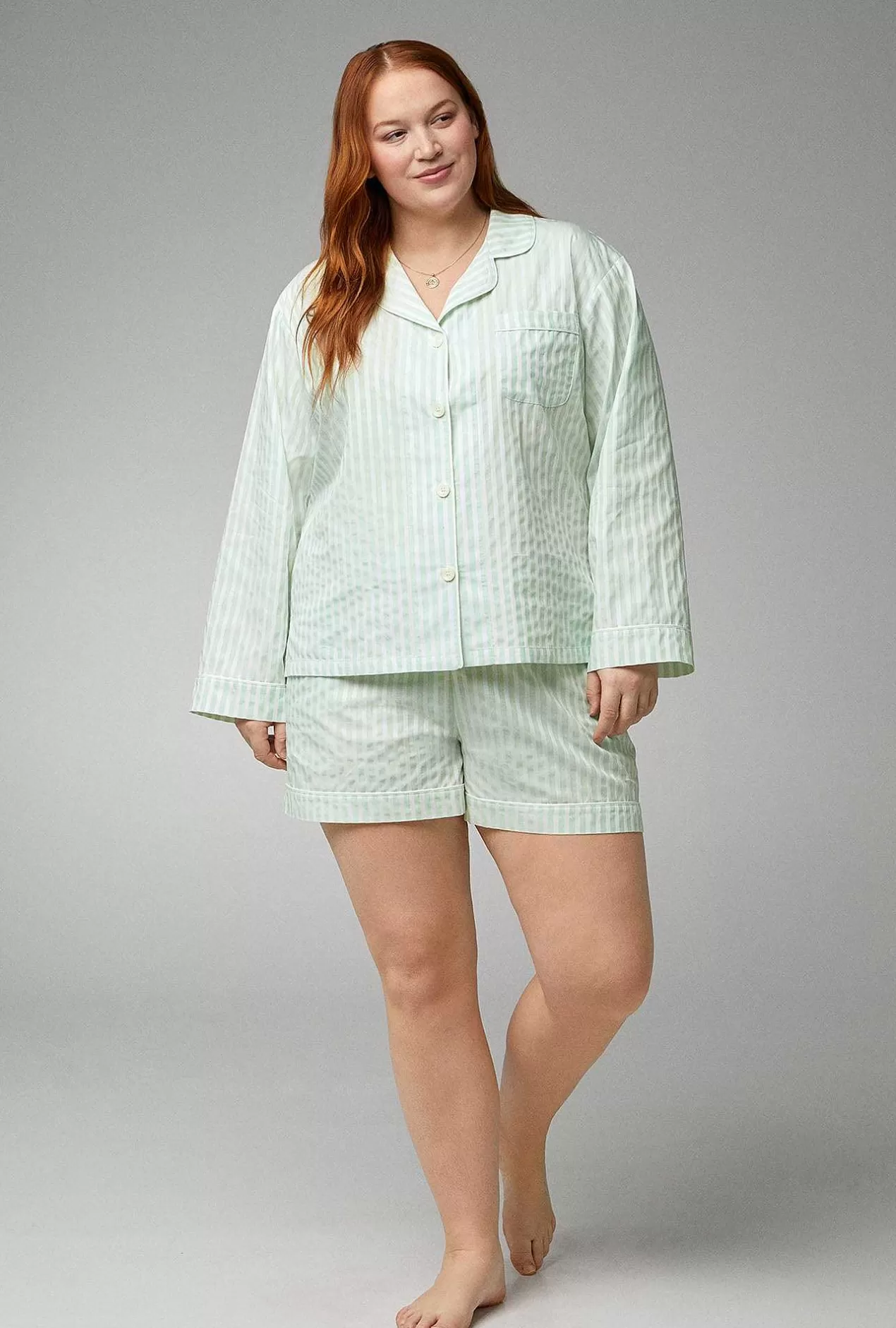 Shorty Sets*Bedhead Pajamas Mint 3D Stripe Long Sleeve Classic Woven Cotton Sateen Shorty Pj Set