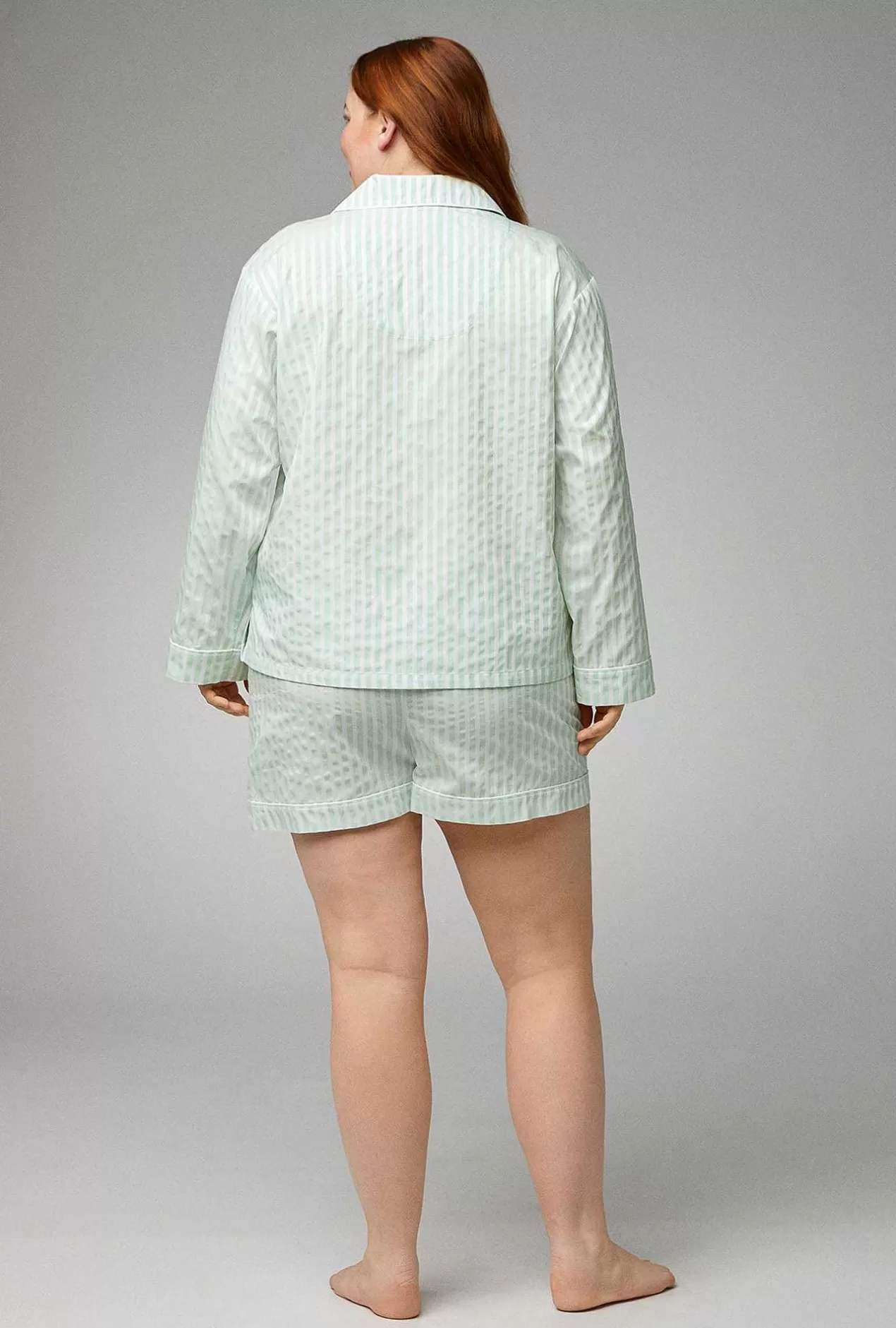 Extended Sizes*Bedhead Pajamas Mint 3D Stripe Long Sleeve Classic Woven Cotton Sateen Shorty Pj Set