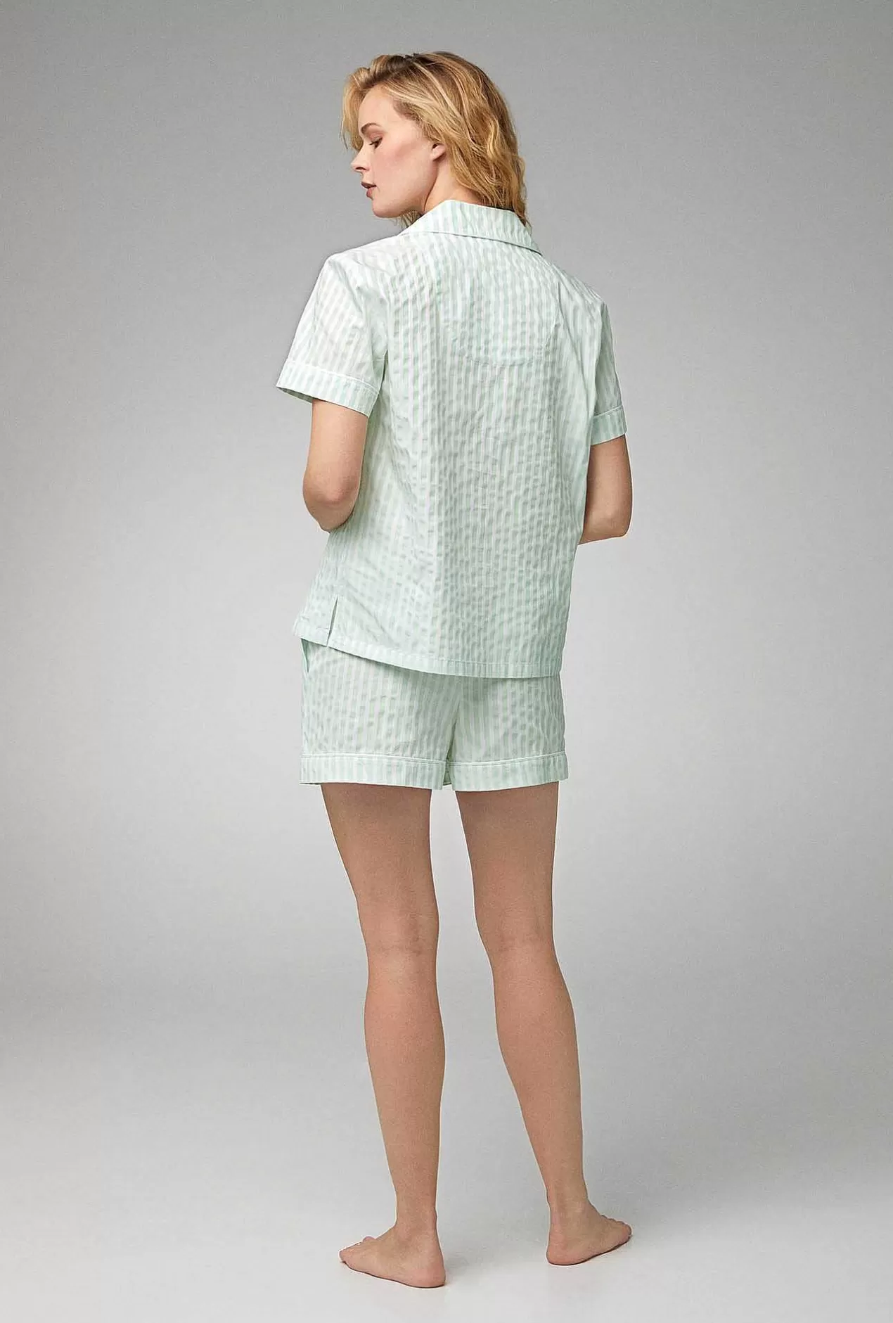 Shorty Sets*Bedhead Pajamas Mint 3D Stripe Short Sleeve Classic Woven Cotton Sateen Shorty Pj Set