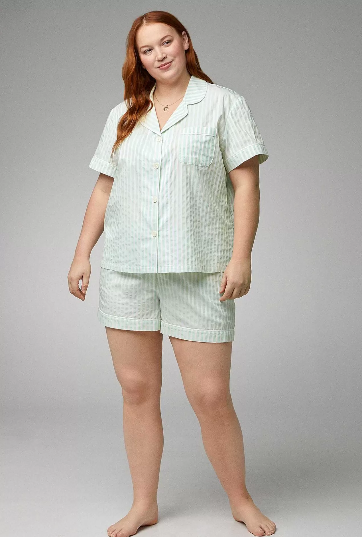 Shorty Sets*Bedhead Pajamas Mint 3D Stripe Short Sleeve Classic Woven Cotton Sateen Shorty Pj Set