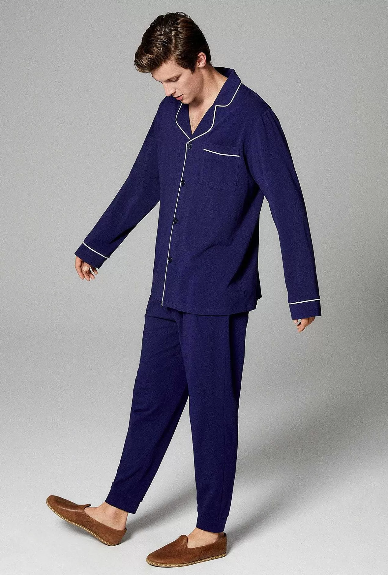 Lounge*Bedhead Pajamas Navy Men'S Long Sleeve And Jogger Stretch Jersey Pj Set