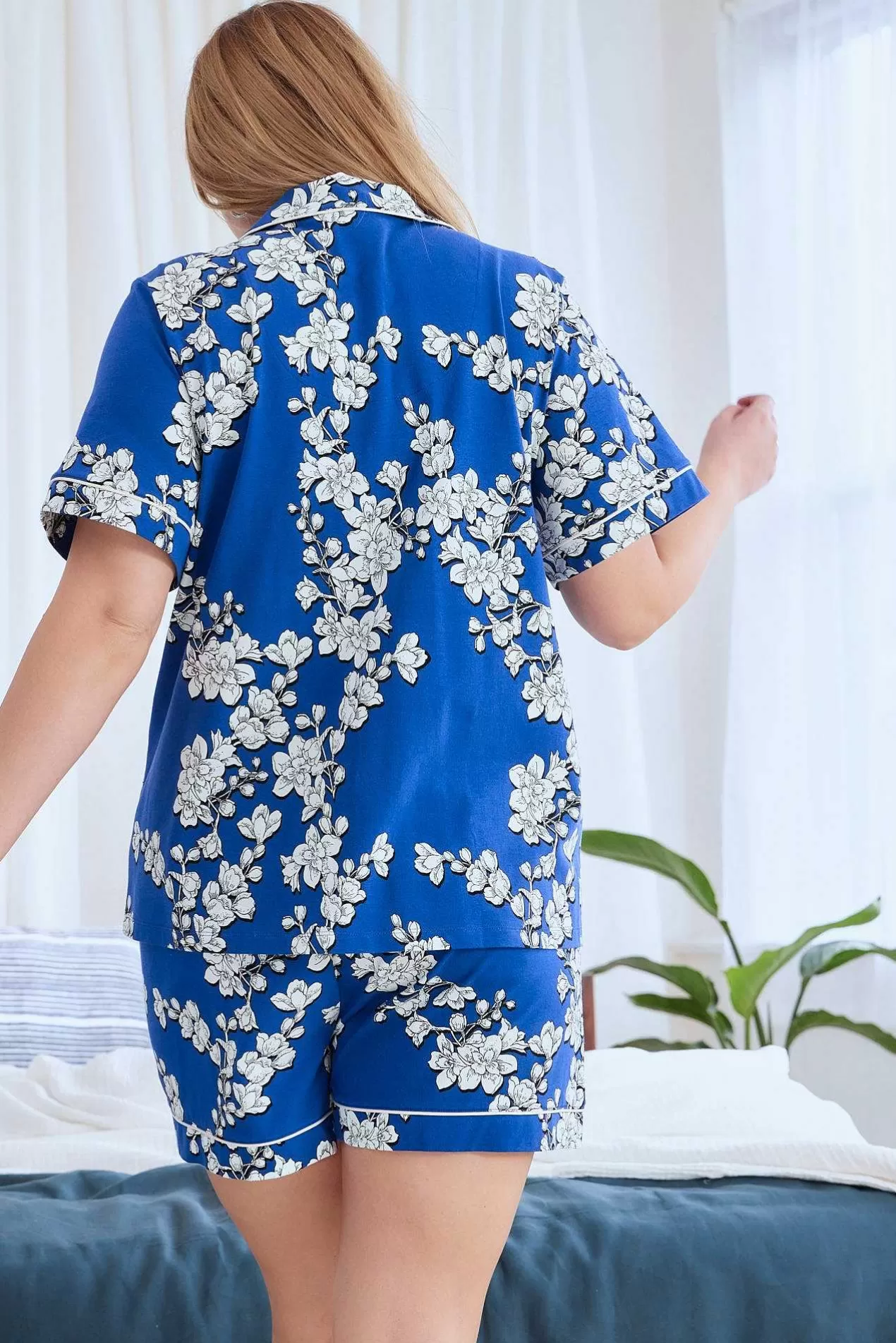 Extended Sizes*Bedhead Pajamas Navy Shadow Blossom Short Sleeve Classic Shorty Stretch Jersey Pj Set