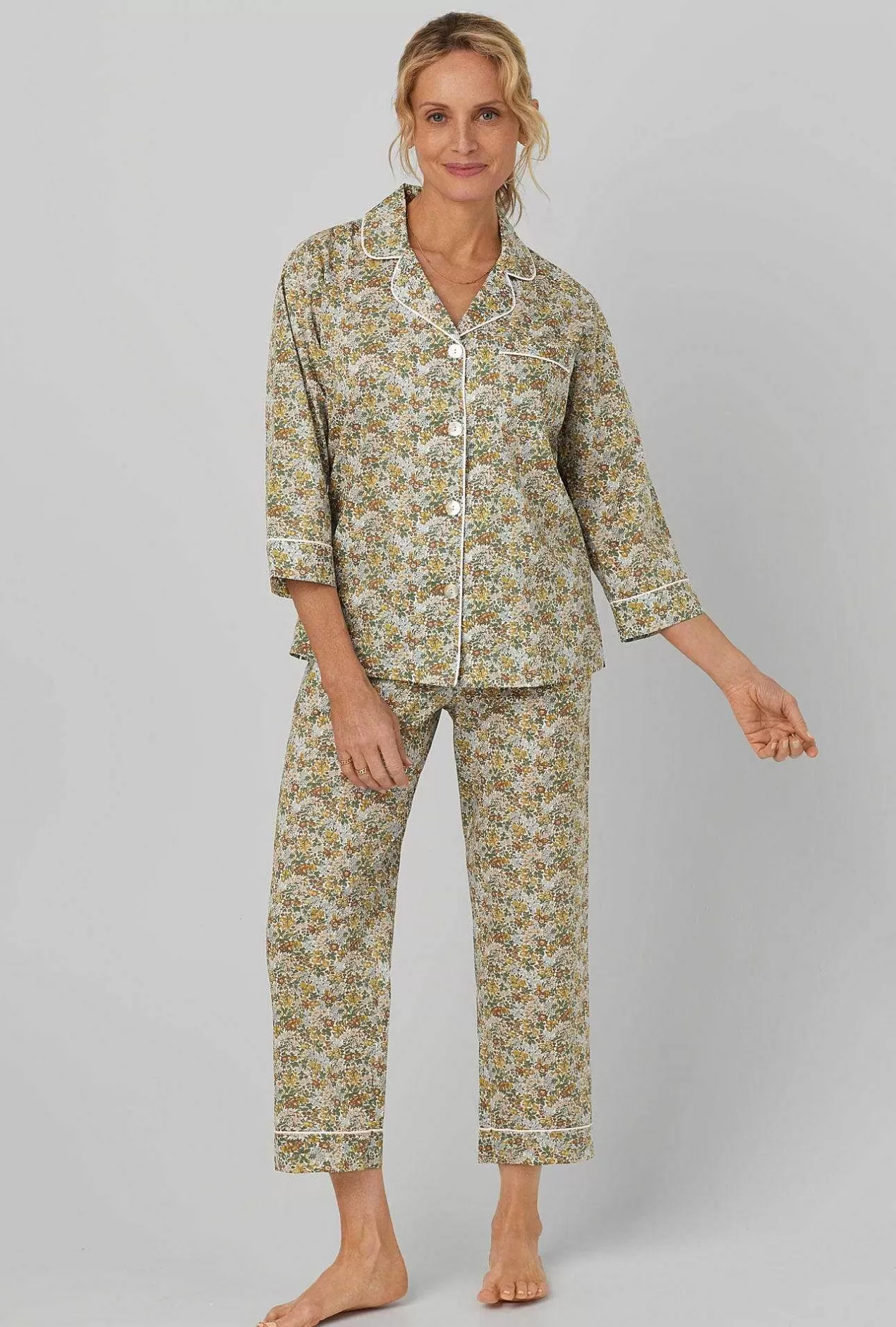 Cropped Sets*Bedhead Pajamas Penstemon 3/4 Sleeve Classic Woven Cotton Tana Lawn® Cropped Pj Set Made With Liberty Fabrics
