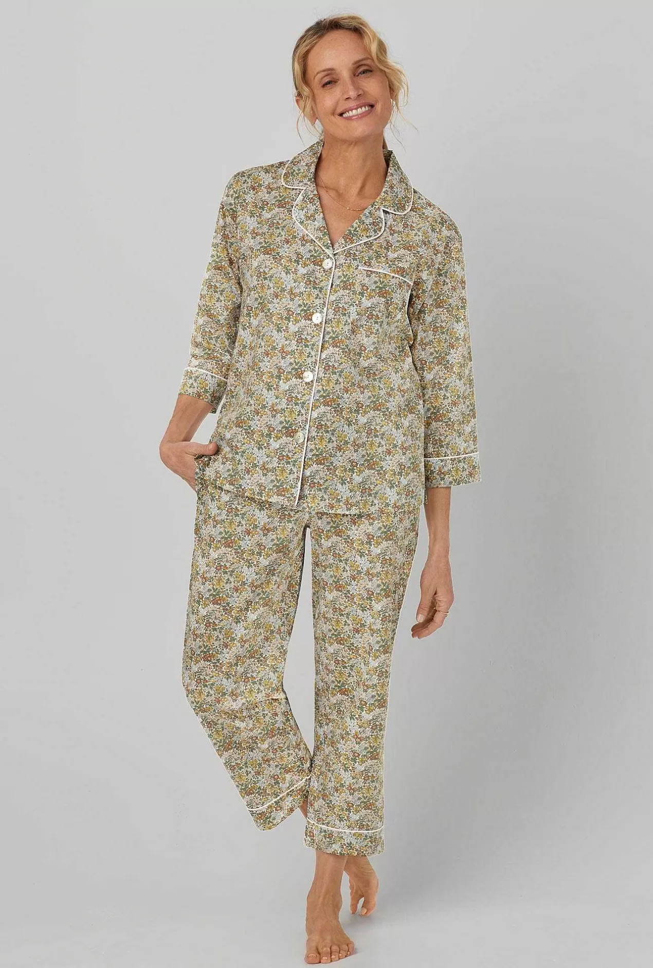 Made With Liberty Fabrics*Bedhead Pajamas Penstemon 3/4 Sleeve Classic Woven Cotton Tana Lawn® Cropped Pj Set Made With Liberty Fabrics