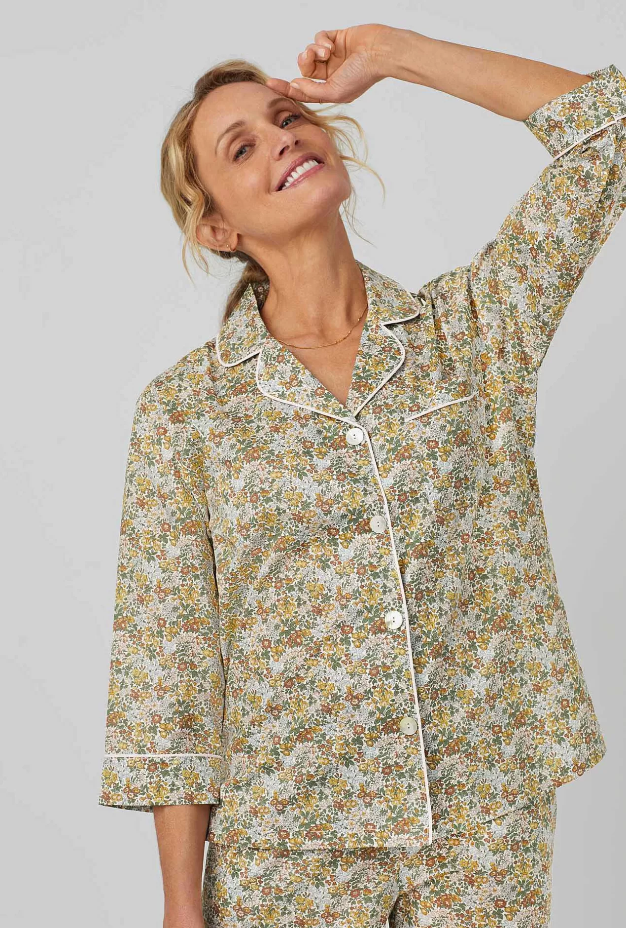 Made With Liberty Fabrics*Bedhead Pajamas Penstemon 3/4 Sleeve Classic Woven Cotton Tana Lawn® Cropped Pj Set Made With Liberty Fabrics