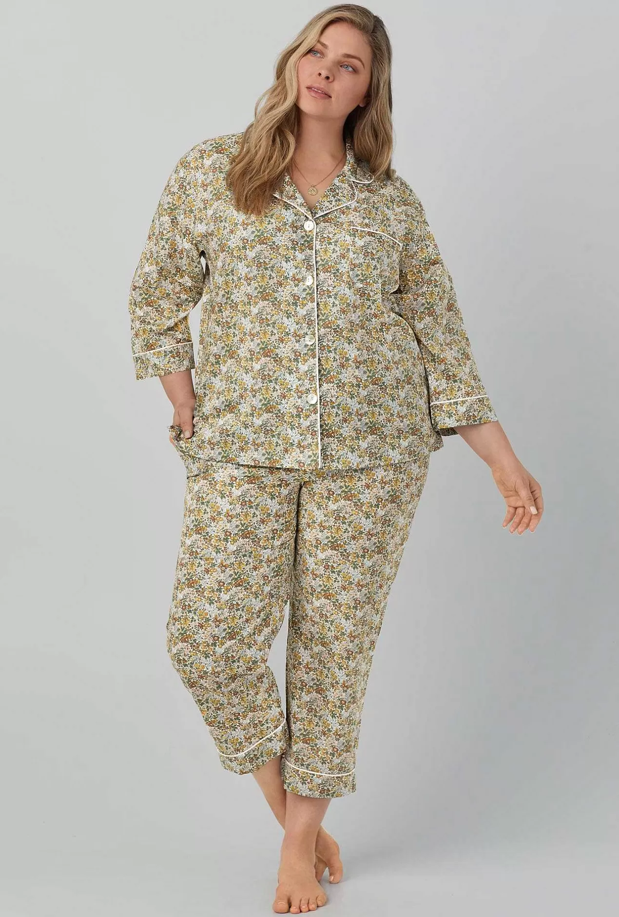 Made With Liberty Fabrics*Bedhead Pajamas Penstemon 3/4 Sleeve Classic Woven Cotton Tana Lawn® Cropped Pj Set Made With Liberty Fabrics