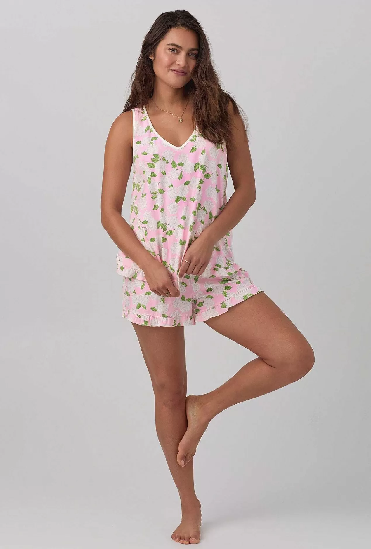 Extended Sizes*Bedhead Pajamas Pink Summer Hydrangea Ruffle Tank Shorty Stretch Jersey Pj Set