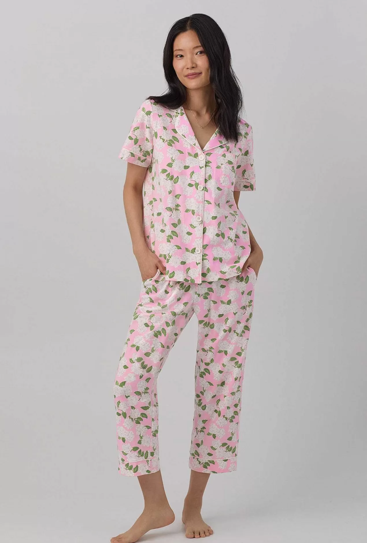 Mother'S Day*Bedhead Pajamas Pink Summer Hydrangea Short Sleeve Classic Stretch Jersey Cropped Pj Set