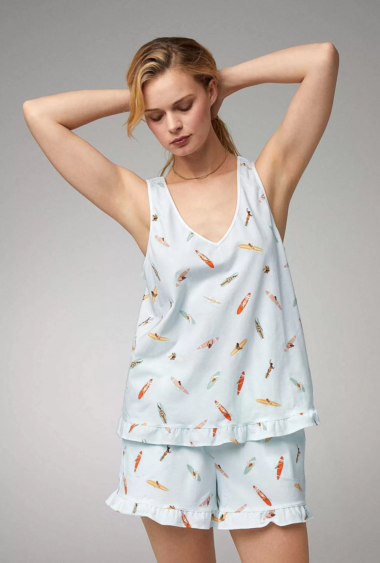 Shorty Sets*Bedhead Pajamas Retro Surf Ruffle Tank Shorty Stretch Jersey Pj Set