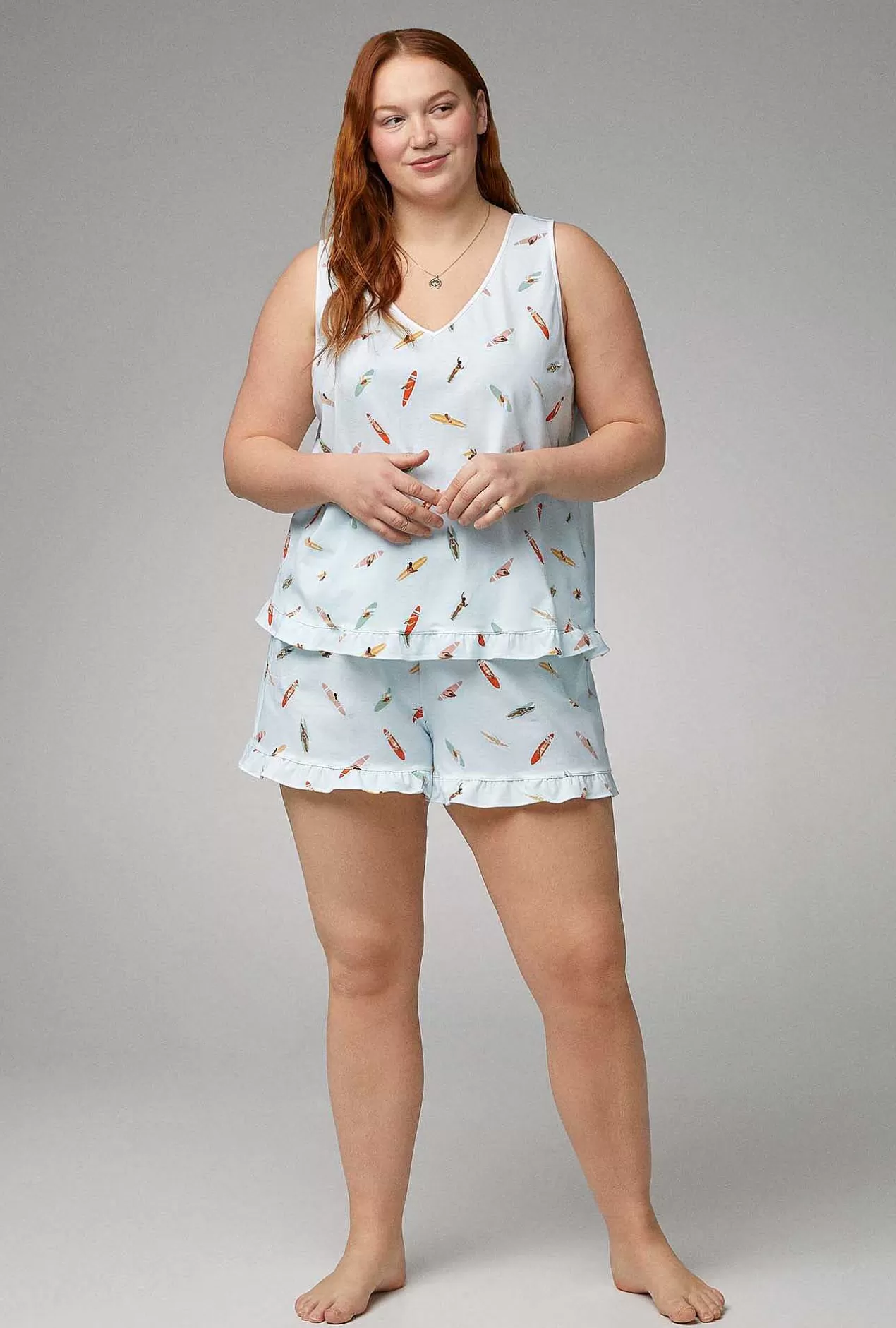 Shorty Sets*Bedhead Pajamas Retro Surf Ruffle Tank Shorty Stretch Jersey Pj Set