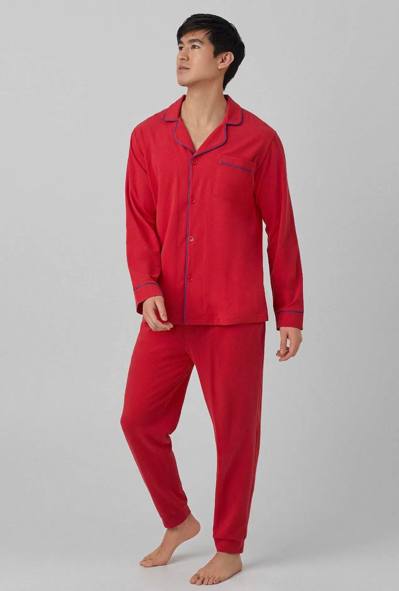 Lounge*Bedhead Pajamas Samba Red Men'S Long Sleeve And Jogger Stretch Jersey Pj Set